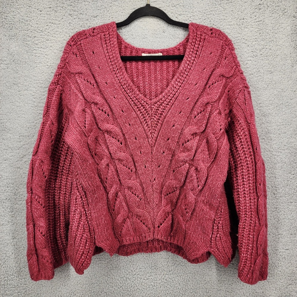 Anthropologie Berry Pink Cable‎ Knit Alpaca Blend V-Neck Sweater Womens Medium